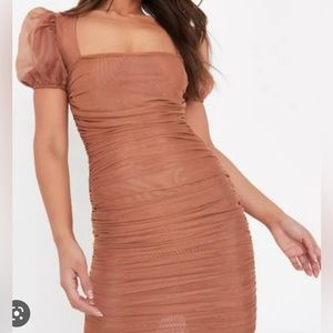 Missguided brown puff sleeve ruched bodycon mini dress, size 6